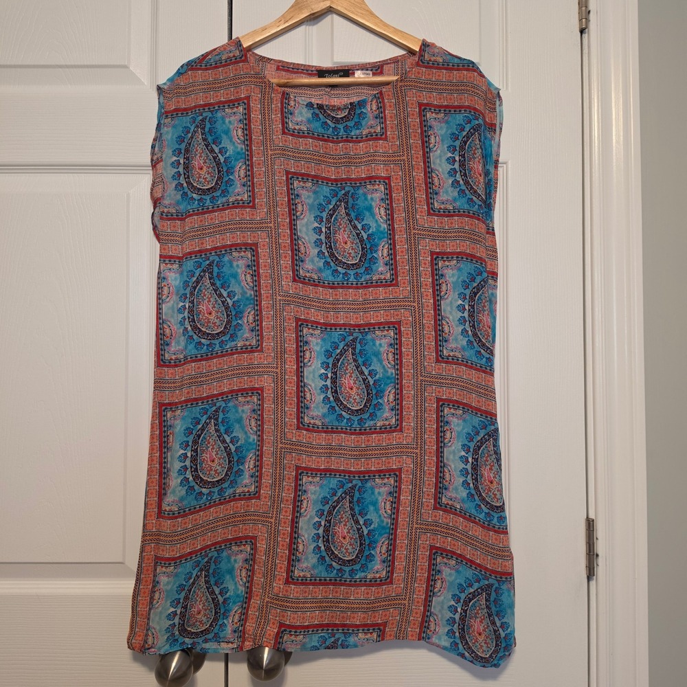Tolani Paisley Geometric Print Sleeveless Tunic Top Blue Coral Orange Size Small